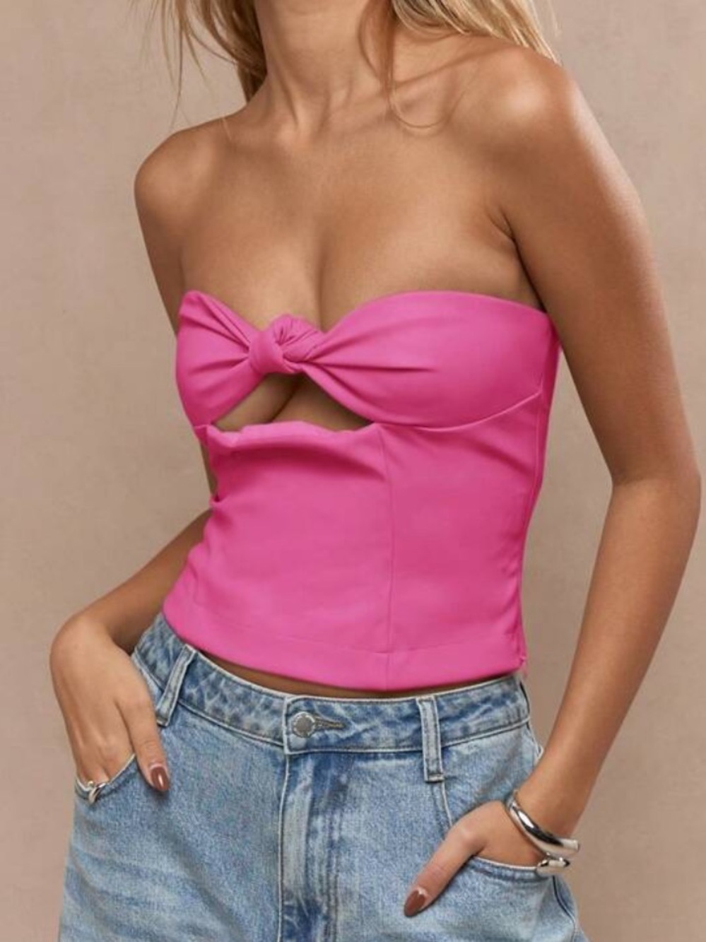 MISSGUIDED Hot Pink Faux Leather Chic Strapless Bandeau Crop Top Front Bow Top